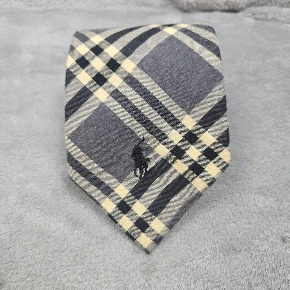 Vintage Polo Ralph Lauren Tie Gray Plaid Cotton Black Pony Logo Made in USA